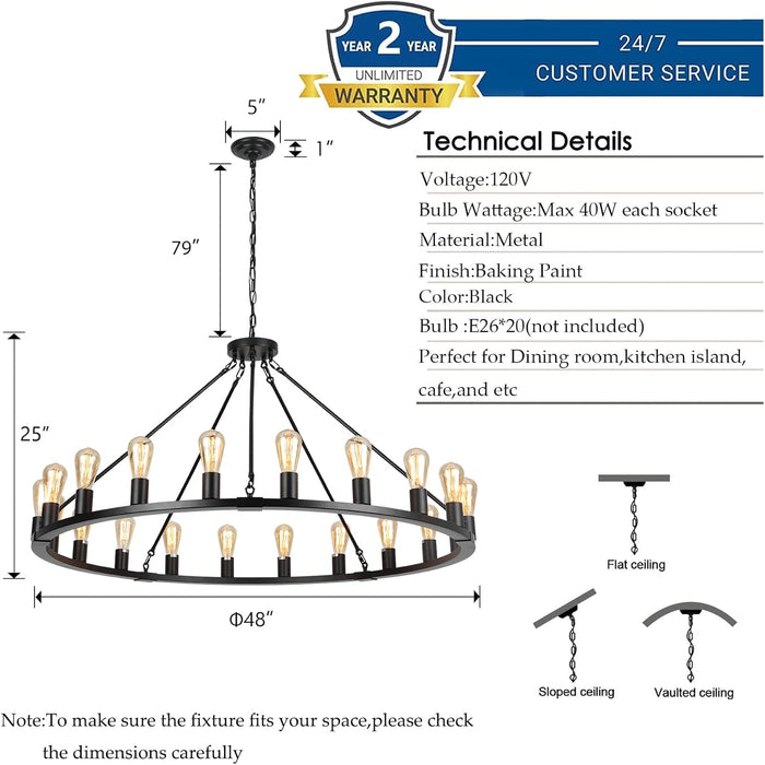 Wagon Wheel Chandelier, Large Black Farmhouse Chandelier for Dining Room Light Fixture, 20-Light 48 Inch Extra Hanging Lighting for High Ceilings Living Room Kitchen Island Foyer Villa
