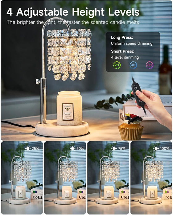 Candle Warmer Lamp with Timer Dimmer Adjustable Height Candle Warmer with Marble Base for Jar Candles, Crystal Candle Lamp with 3 Bulbs for New Home Decor, Women Mom Christmas Birthday Gifts, Silver