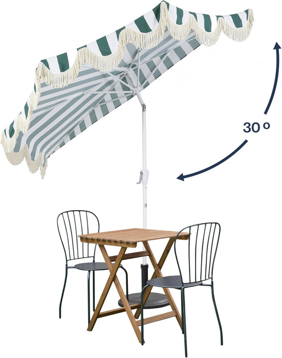 Beverly 9 Ft. Coastal Green and White Striped Half Patio Umbrella with Scalloped Fringe, Crank Lift, and Manual Tilt for Balcony, White Pole UMB1201L