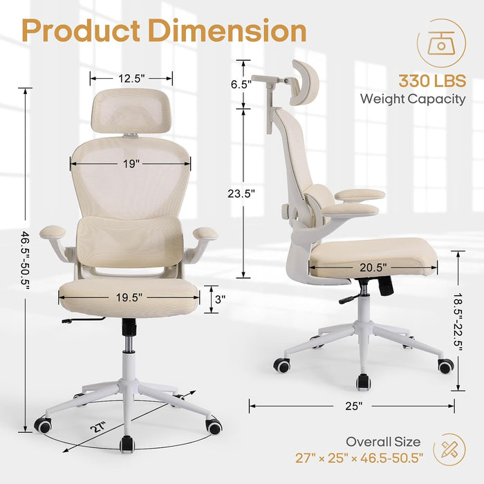 Ergonomic Office Chair, High Back Home Office Chair with 4D Adjustable Headrest & Lumbar Support, 330Lbs Capacity Mesh Desk Chair with Flip-Up Arms, Comfortable Computer Chair, Beige