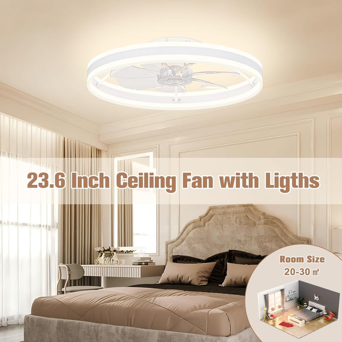 Low Profile Ceiling Fans with Lights and Remote, 23.6In Flush Mount Ceiling Fans with Light, 3000K-6500K Dimmable Fandelier LED Fan Light, White Bladeless Ceiling Fans with Lights for Bedroom