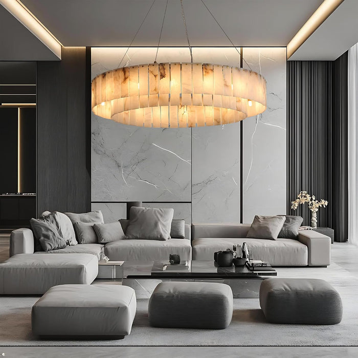 Round Alabaster Chandelier 40 Inch 16-Lights, Modern Gold Finish 2-Tier Spanish Natural Marble Pendant Lighting Fixtures, for Dining Room, Living Room, Bedroom, Foyer, Entryway