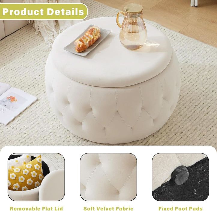 25 Inches Large round Storage Ottoman, Modern Upholstered Ottoman Coffee Table, Soft Velvet Surface, for Living Room, Bedroom, Classic Tufting, Cream