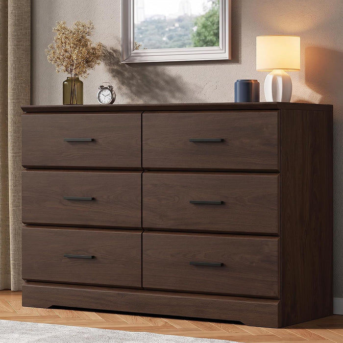 Brown 6 Drawer Dresser for Bedroom, Chest of Drawers with Silver Handle, Wood Storage Dresser with Deep Drawers for Bedroom, Living Room, Hallway Entryway (52.76 * 21.26 * 7.87 In)