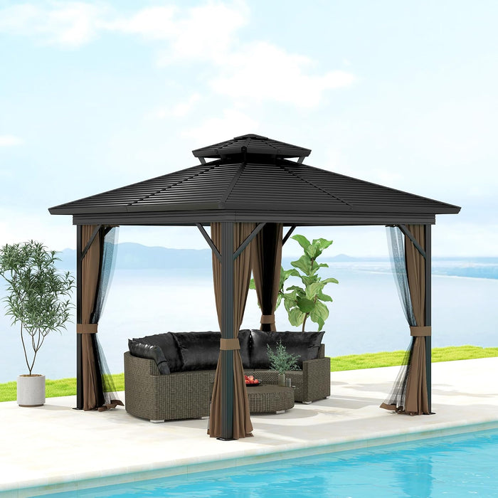 10' X 10' Hardtop Gazebo Canopy with Galvanized Steel Double Roof, Aluminum Frame, Permanent Pavilion Outdoor Gazebo with Netting and Curtains for Patio, Garden, Backyard, Dark Brown