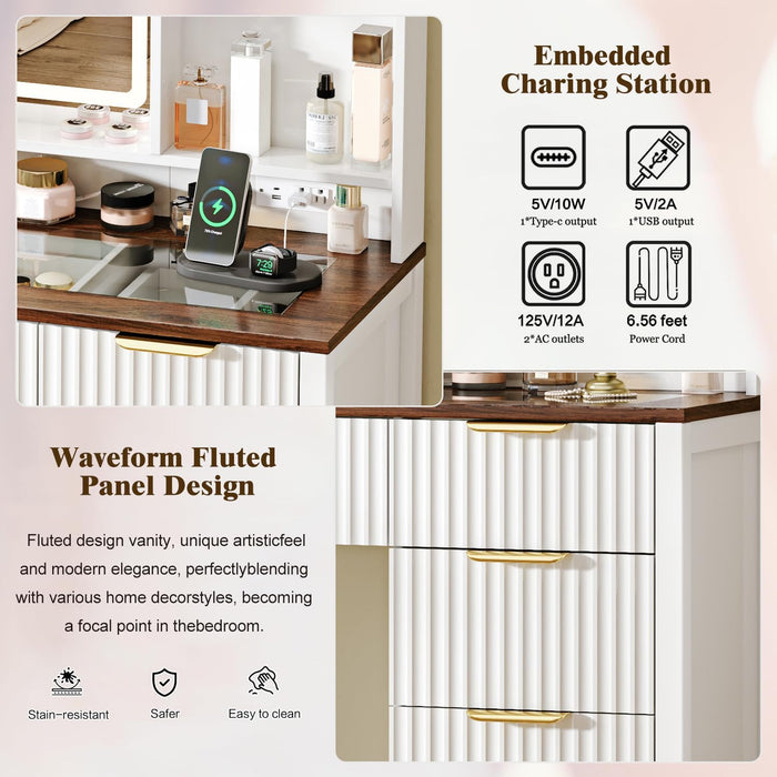 43" Large Vanity Desk with 30" HD Lighted Mirror,Modern Vanity Desk with Mirror and Lights, Makeup Vanity with 5 Drawers and Storage Shelves and Charging Station, White2300