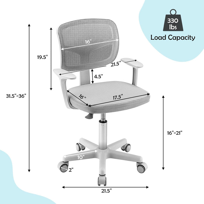 Kids Desk Chair, Ergonomic Kids Swivel Study Chair with Lumbar Support, Breathable Mesh & Universal Wheels, Height Adjustable Kids Computer Chair for Boys & Girls (Grey)