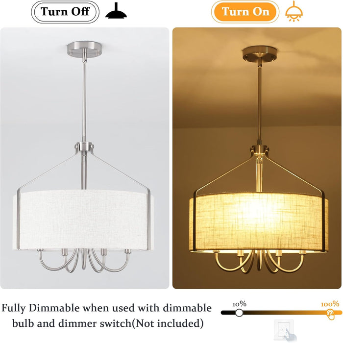 5-Light Drum Chandelier for Dining Room 18" Farmhouse Pendant Light with Linen Lampshade – Brushed Nickel Chandelier for Kitchen Island, Living Room, Bedroom, Entryway & Foyer