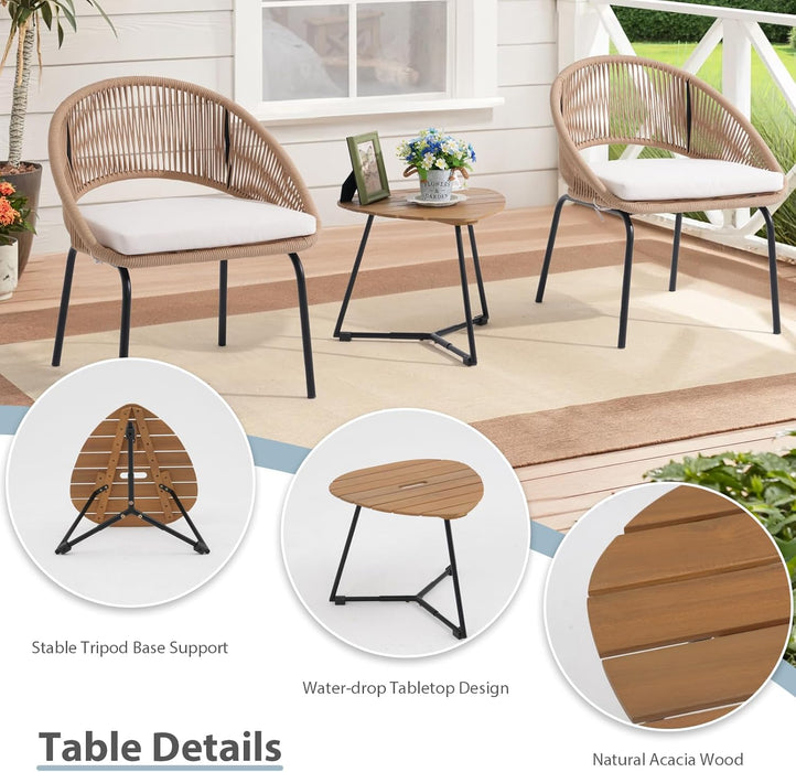 Patio Furniture Set, 3 Piece Outdoor Bistro Chair Conversation Sets Woven Rope with Wood Coffee Table for Yard Backyard Lawn Garden Porch Backyard Deck Poolside Balcony