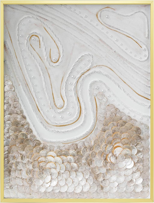 Modern Abstract Hand Painting with Natural Capiz Shell Wall Framed Ocean Artwork,Shell Shadow Box Wall Art，Art Painting - Handmade Collage of Natural Golden Shell, Bedroom Decor Framed Abstractartwork for , 23.6×31.5 Inch