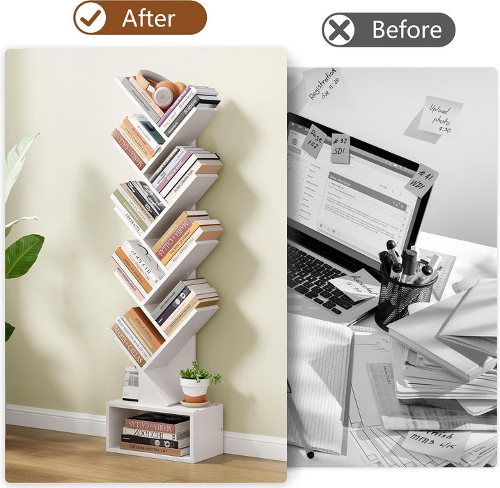 9 Tier Tree Bookshelf, Tall Bookcase with Drawer, Wood Book Shelf, Modern Floor Standing Bookshelves, Book Organizer Shelves for Bedroom, Living Room, Home Office, White