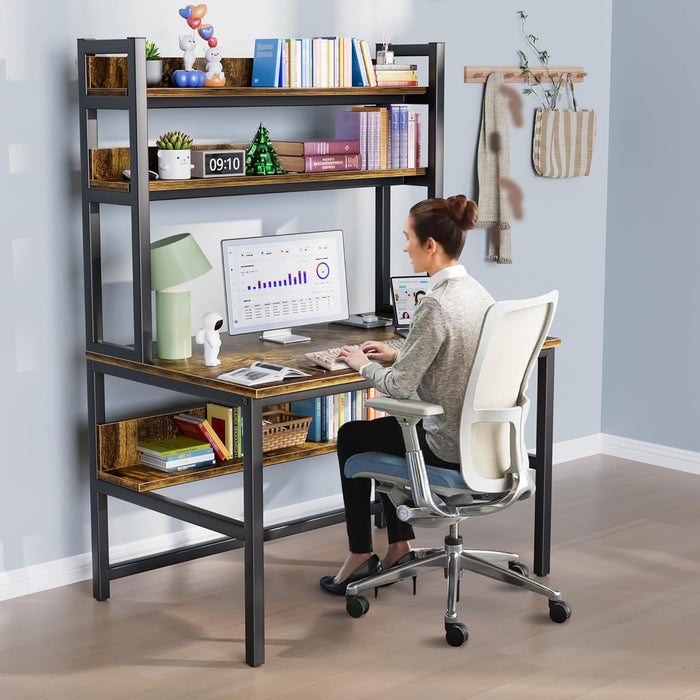 Computer Desk with Hutch, 47“W X 23.6" D Desk with Shelves, Tall Home Office Desk with Bookshelf, Metal Legs Study Table with Upper Storage Shelf for Study Writing/Workstation