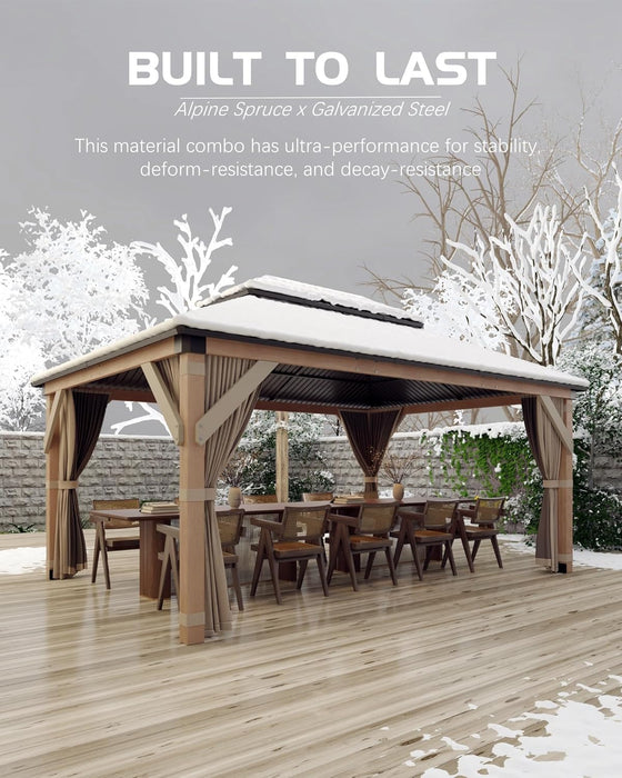 10'X12' Hardtop Wood Gazebo, Cedar Frame Outdoor Pavilion with Double Galvanized Steel Roof, Curtains and Netting Included, Ceiling Hook for Patio Backyard Deck Lawn Garden