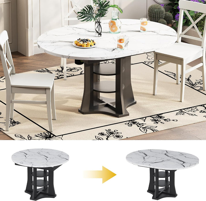 Extendable Dining Table Marble for 4–6 (White Marble) | White Faux Marble Dining Table, Modern Marble Kitchen Table, round Dining Table for Kitchen, Living Room, Dining Room ﻿
