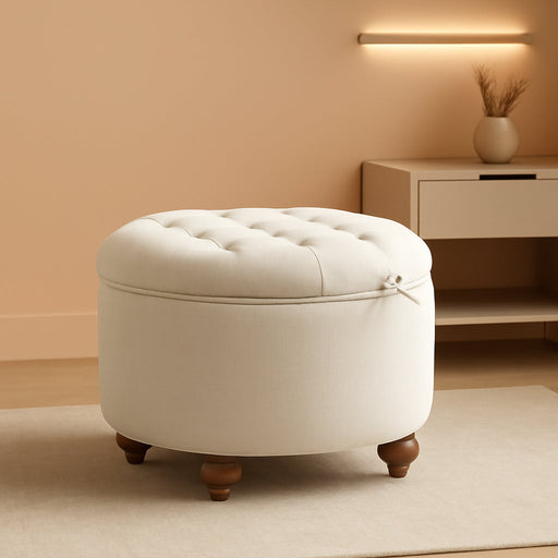 24Inch round Storage Ottoman with Tray, Modern Tufted Fabric Circle Coffee Table with Storage, Upholstered Ottoman with Removable Top for Living Room, Bedroom, Khaki