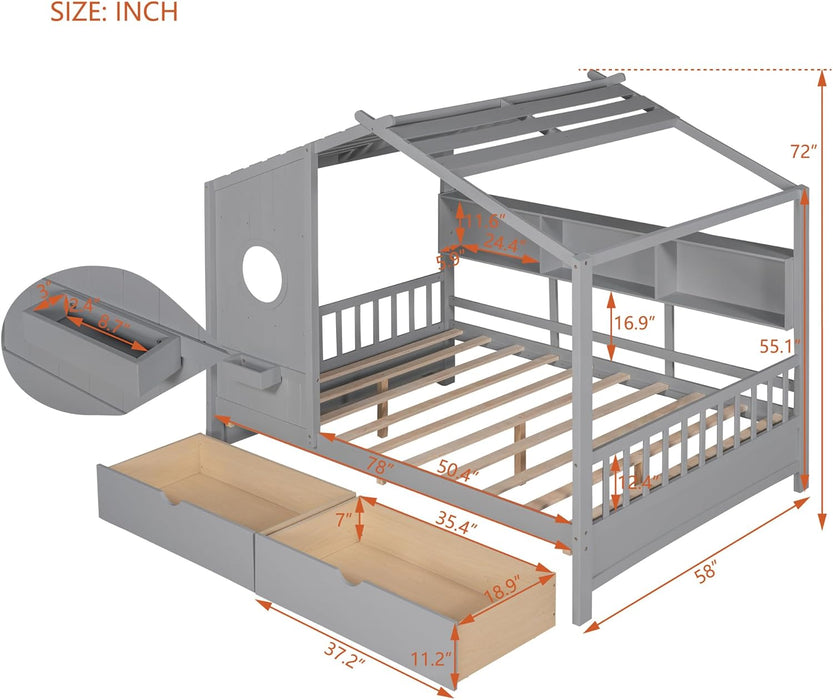 Full House Bed with 2 Drawers and Storage Shelves, Full Montessori Bed, Kids Full Platform Bed Frame with Roof, Tent Bed, Solid Wood Playhouse Bed for Kids Teens Girls Boys (Gray)
