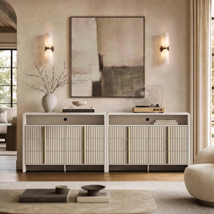 53.2" Fluted 6 Drawer Dresser with Open Shelf, Grey