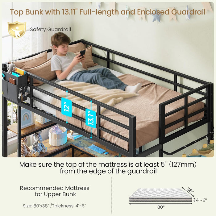 Black ExtraLongXL Over Twin Bunk Bed WithLEDLightingStorage