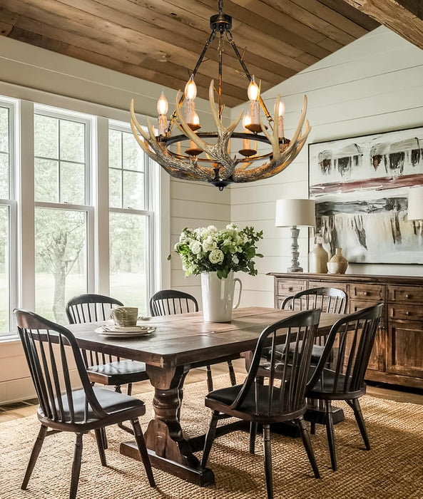 Six-Light Rustic Antler Chandelier With Wagon Wheel
