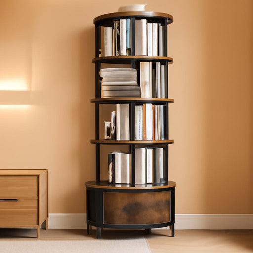 5 Tier Rotating Bookshelf Tower with Storage, Rustic Brown | 360° Spinning Bookcase with Fabric Drawer, round Revolving Book Shelf Organizer, Narrow Swivel Bookshelves for Small Space