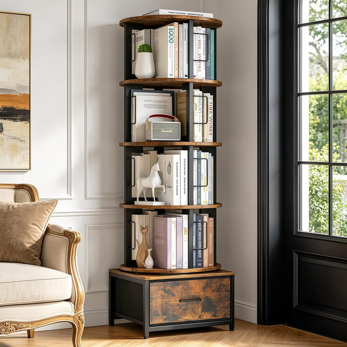 5 Tier Rotating Bookshelf Tower with Storage, Rustic Brown | 360° Spinning Bookcase with Fabric Drawer, round Revolving Book Shelf Organizer, Narrow Swivel Bookshelves for Small Space