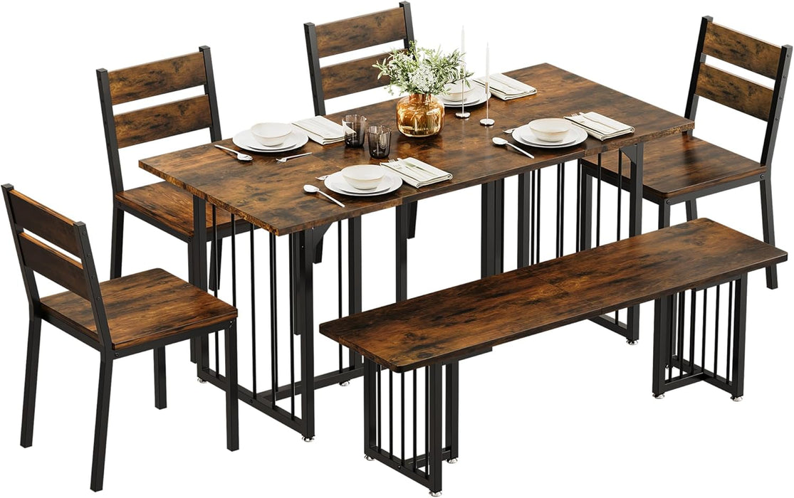 6-Piece Dining Table Set for 6-8 People, 63 Inch Kitchen Table Set with 4 Chairs and 2 Benches, Farmhouse Rectangular Dining Room Table Set for Kitchen Apartment Saving Space, Rustic Brown