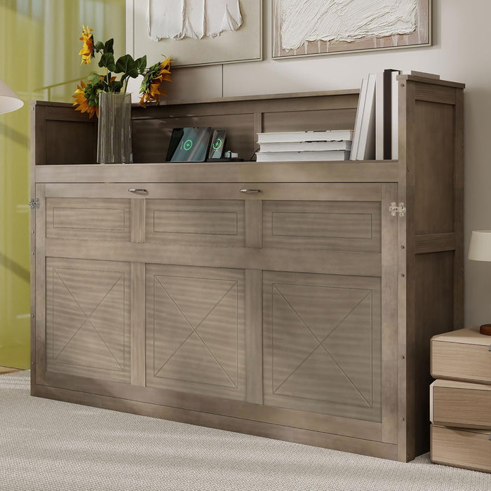 Twin XL Size Murphy Bed Cabinet Bed with Desk and USB Charging Station, Foldable Platform Bed Frame with Storage, Gray Wash