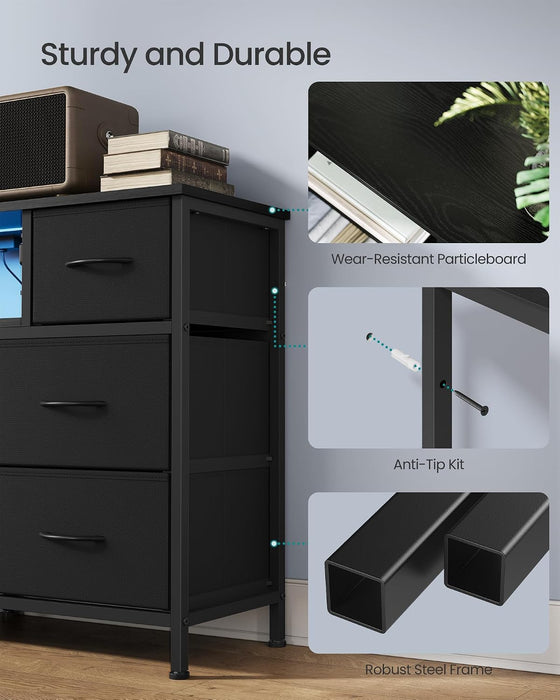 Dresser for Bedroom with Outlets & LED Lights, 8 Fabric Drawers