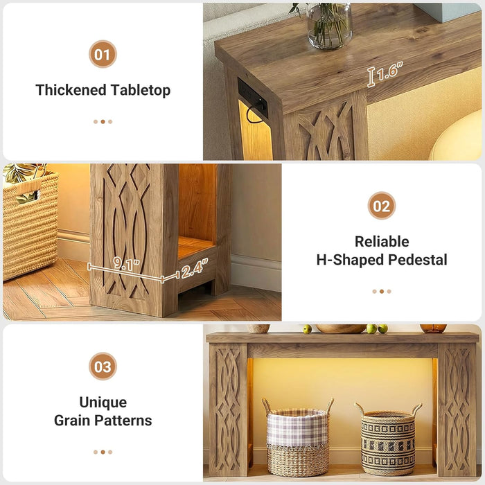 47" Console Table with Outlet, Farmhouse Entryway Table with Colorful LED Lights, Wooden Sofa Table with Unique Carved Design, Foyer Accent Table for Entrance, Hallway, Living Room Natural