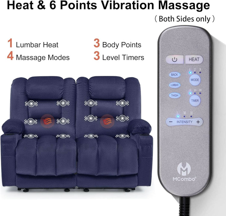 55.9" Zero Gravity Power Loveseat Recliner with Heat and Vibration Massage, Reclining Loveseat Sofa with USB Ports, Cup Holders for Living Room, Fabric PR648SET (Navy Blue)