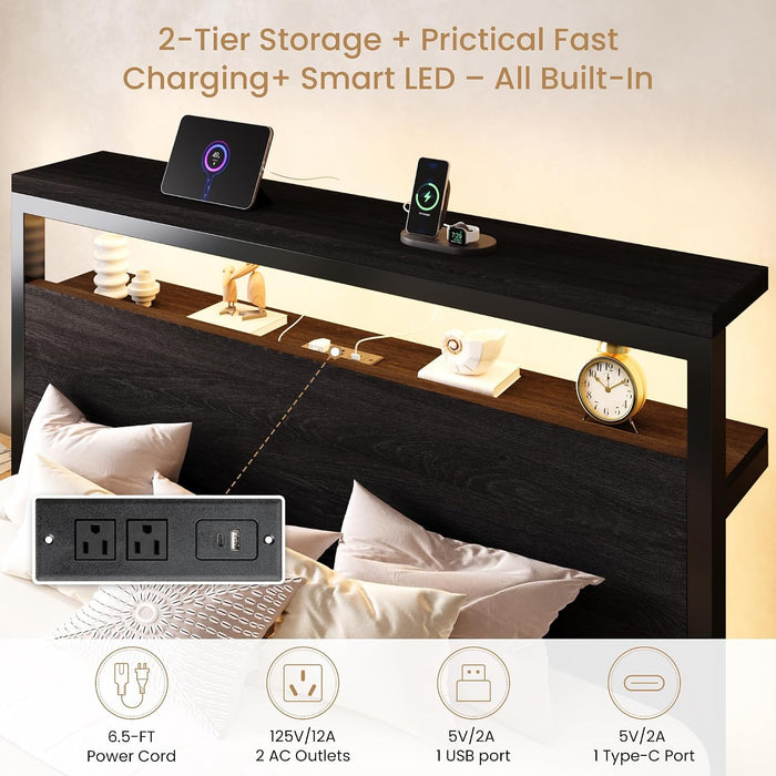 Queen Bed Frame, 2-Tier Storage Headboard, LED, Charging Station