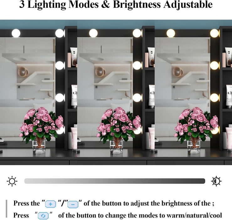 39 Inches Black Vanity Desk with Lights, 6-Drawers Makeup Vanity Table with Power Strip and Storage Shelves, Dressing Table with Lighted Mirror for Women Girls (Black)
