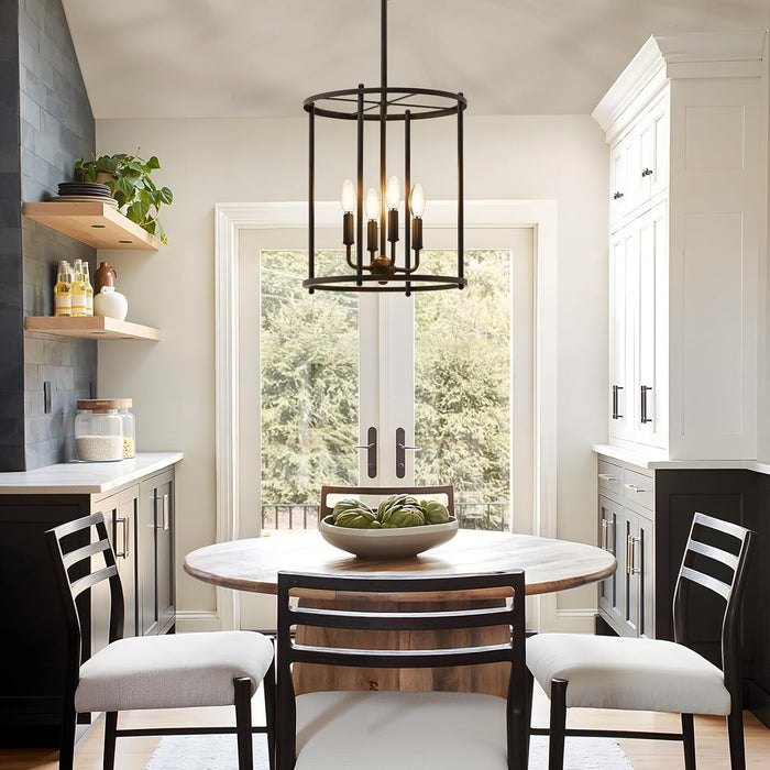 4-Light Black Chandelier, Industrial Black Lantern Ceiling Light Fixtures with Rustic Metal Cage Adjustable Height Farmhouse Geometric Hanging Light for Kitchen Island, Dining Room, Entryway