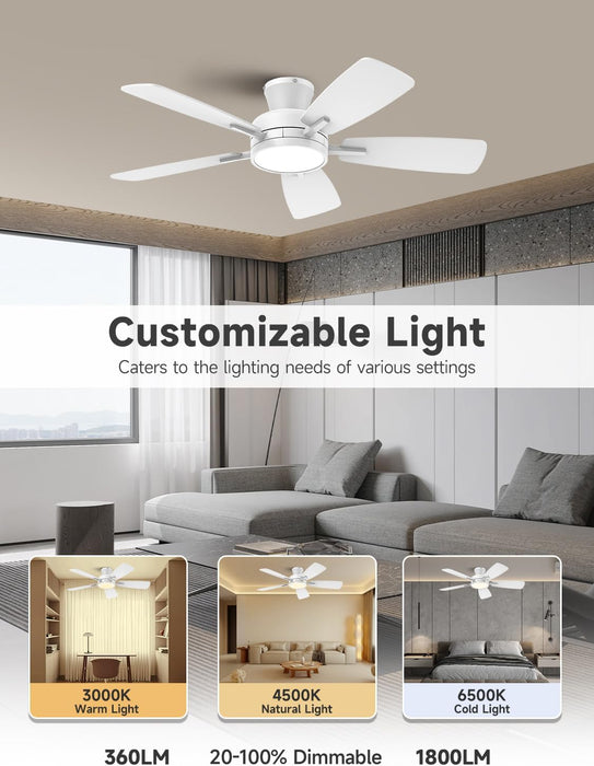 Ceiling Fans with Lights and Remote, 46 Inch Low Profile Ceiling Fan with Light, Flush Mount, Reversible, 3CCT, Dimmable White Modern Ceiling Fan for Bedroom, Living Room, Outdoor Patio