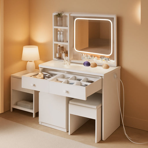 White Makeup Vanity Desk With Adjustable Brightness