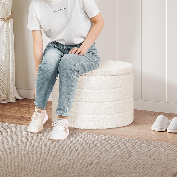 round Ottoman with Stroage, Boucle Storage, Foot Stool Foldable Coffee Table Ottoman for Living Room, Bedroom, Dorm (White)