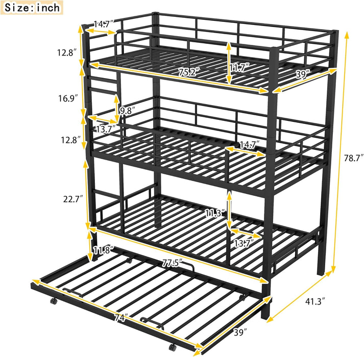 Metal Twin Size Triple Bunk Bed with Trundle for 4, Bunk Beds with 2 Ladders & Guardrails, Convertible to 3 Separate Beds for Kids Teens, Space-Saving, Black