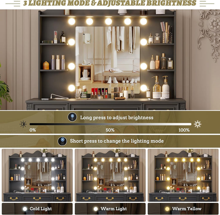 Vanity Desk with Large Mirror and Lights, 43.3" Makeup Vanity Desk with Charging Station and 6 Drawers, Makeup Dressing Table with Storage Stool for Bedroom (Grey)