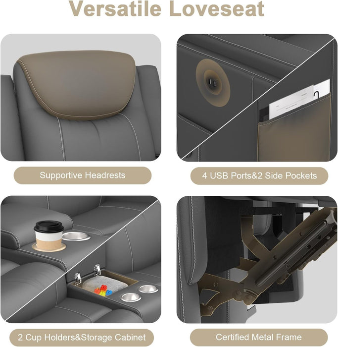 Loveseat Recliner Sofa, Gray PU Leather Double Recliner Loveseat with Console, Cup Holders, Storage & USB Ports, Ergonomics， Manual Reclining Sofa Couch for Living Room, RV