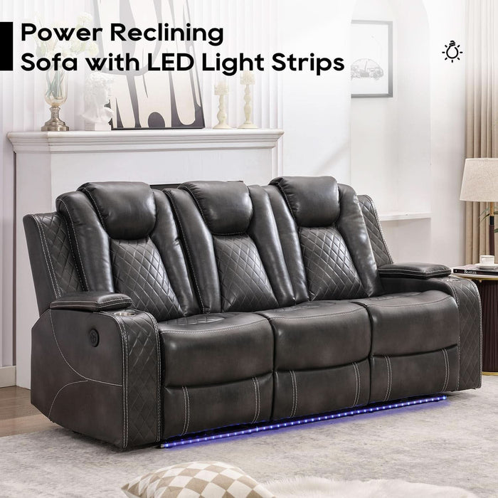 Power Reclining Sofa Couch with Wireless Charger, 3 Seaters with Recliner with Reading Light, Leather Electric 3 Seat Sofa Sectional Set for Living Room, Home Theater Seating with LED Lights, Grey