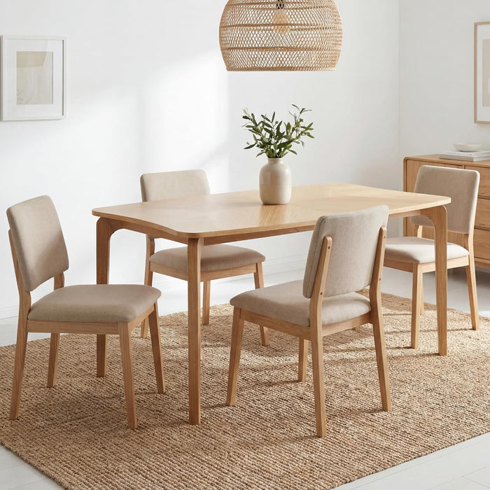 Mid-Century 63" Oak Color Dining Table with Curved Edges | Modern Solid Wood Legs Rectangular 6-Person Kitchen Table for Dining Room Living Room