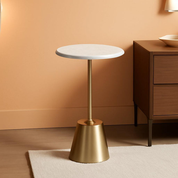 Tira Elegant round Drink Table, 10 X 22, White Marble and Gold, Modern Glam Circle Martini Table for Use as a Small Bedroom Nightstand or Living Room Plant Stand Option