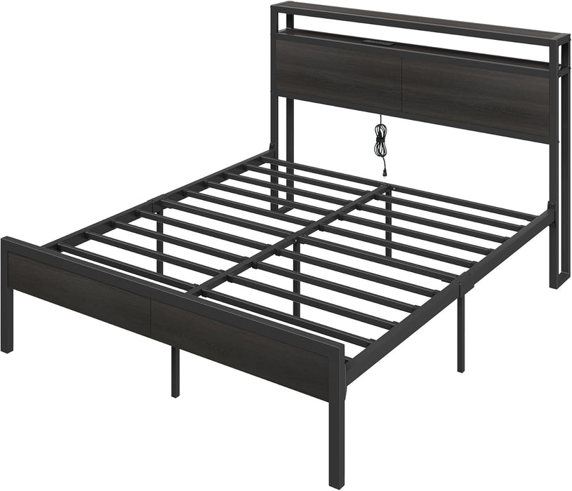 Full Size Bed Frame with Storage Headboard & Charging Station, Industrial Metal Platform Bed with Large Under-Bed Storage, Heavy Duty Slats, No Box Spring Needed, Black