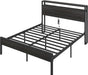 Full Size Bed Frame with Storage Headboard & Charging Station, Industrial Metal Platform Bed with Large Under-Bed Storage, Heavy Duty Slats, No Box Spring Needed, Black