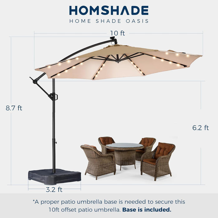 10Ft Solar Lights Offset Cantilever Patio Umbrella - W/Light and Base, LED Lighted Offset Hanging Patio Outdoor Market Umbrella UPF50+ UV Protection with Easy Tilt and Crank (Beige)