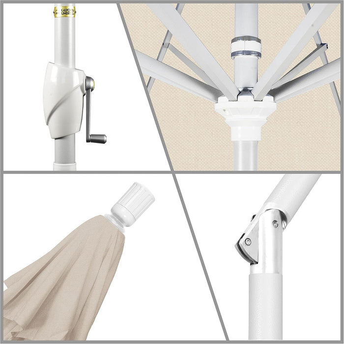 9' round Aluminum Market Umbrella, Crank Lift, Push Button Tilt, White Pole, Antique Beige Olefin