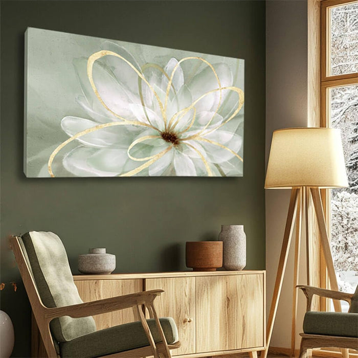Flower Wall Decor White Blossom Plant Gold Line Canvas Painting Modern Hand Painted Wall Art for Living Room Bedroom Office 29X58 Inch