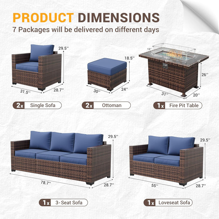 Outdoor Patio Furniture Sets, 10 Pieces Wicker Patio Furniture, Outdoor Sectional Patio Couch Set with Ottoman, Outdoor Conversation Set with 44" Gas Fire Pit (Navy)