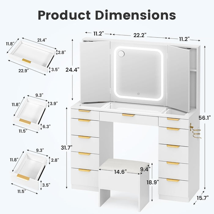 Glass Top Vanity Desk with Foldable Mirror and Lights, 11 Drawers Makeup Vanity with Charging Station, 3 Lighting Modes Dressing Table with Chair, White