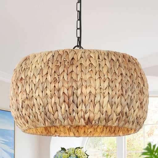 Farmhouse Chandelier for Dining Room,5-Light Boho Chandelier Light Fixture with Water Hyacinth Lampshade,Rattan Dining Room Chandelier Light Fixtures for Kitchen Island Bedroom Living Room